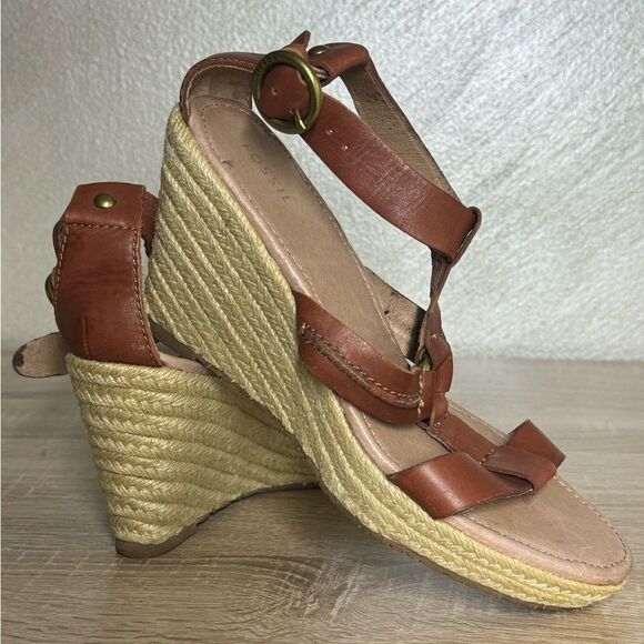 Fossil Women Size 10 Brown Leather Straps Espadrille Wedge - Picture 13 of 13